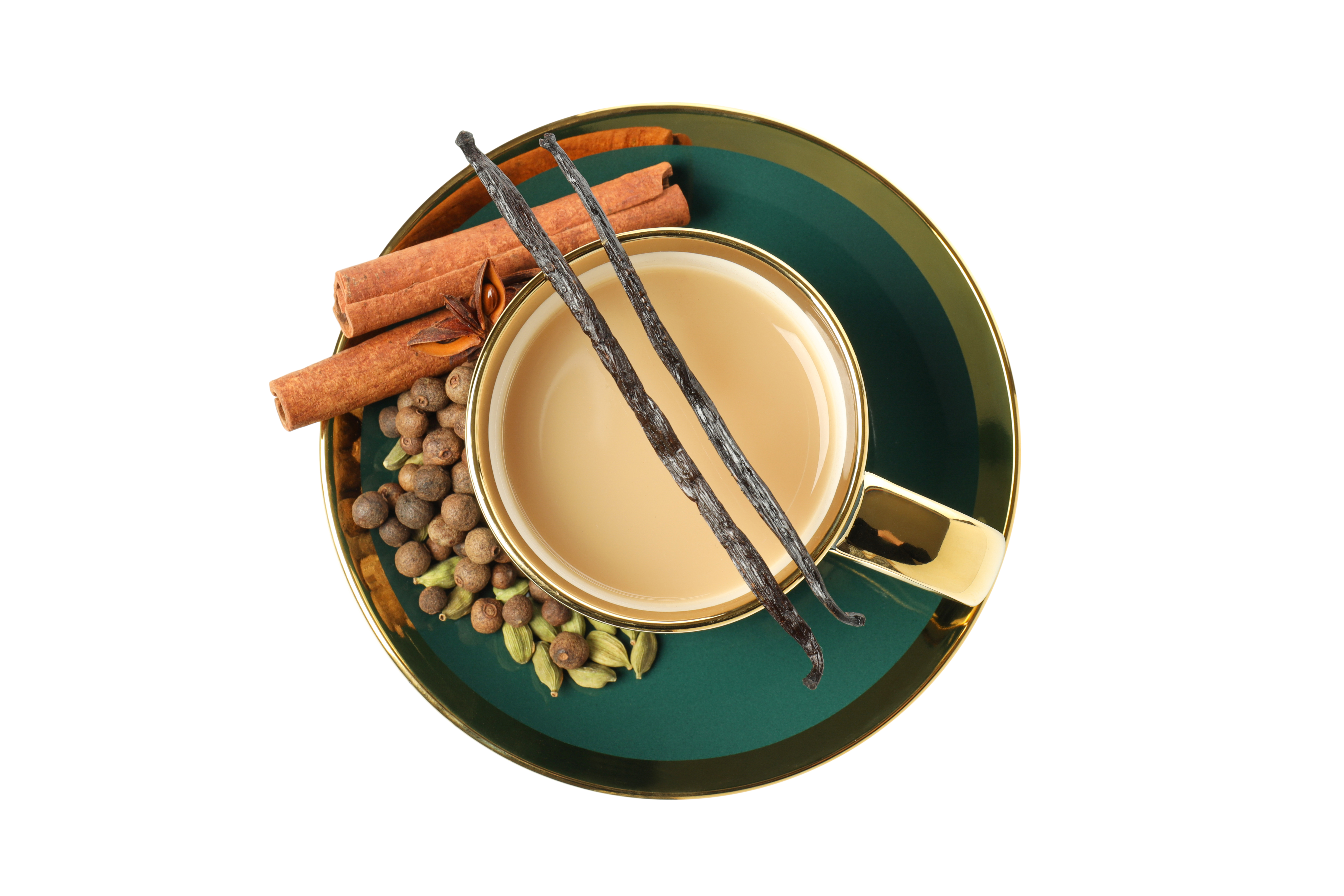 Cup with tea and spices isolated on white background
